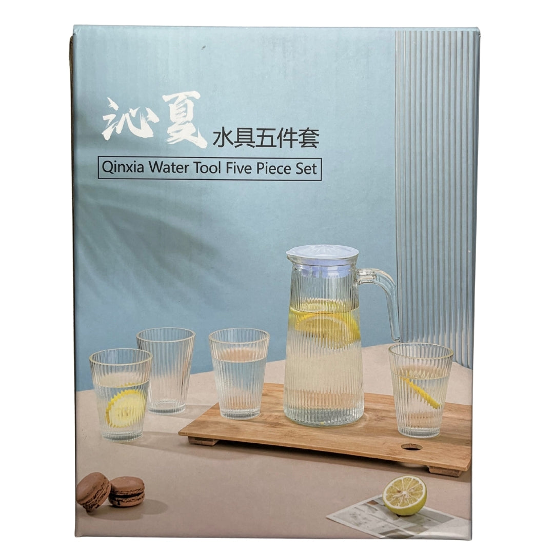Set de Pichel con 4 Vasos de Vidrio Rayado con Tapa — 5 Piezas