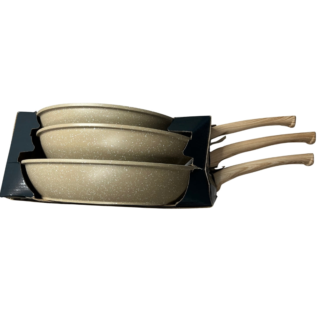 Set de 3 Sartenes Antiadherentes Granito 24-26-28 cm con Mango Tipo Madera