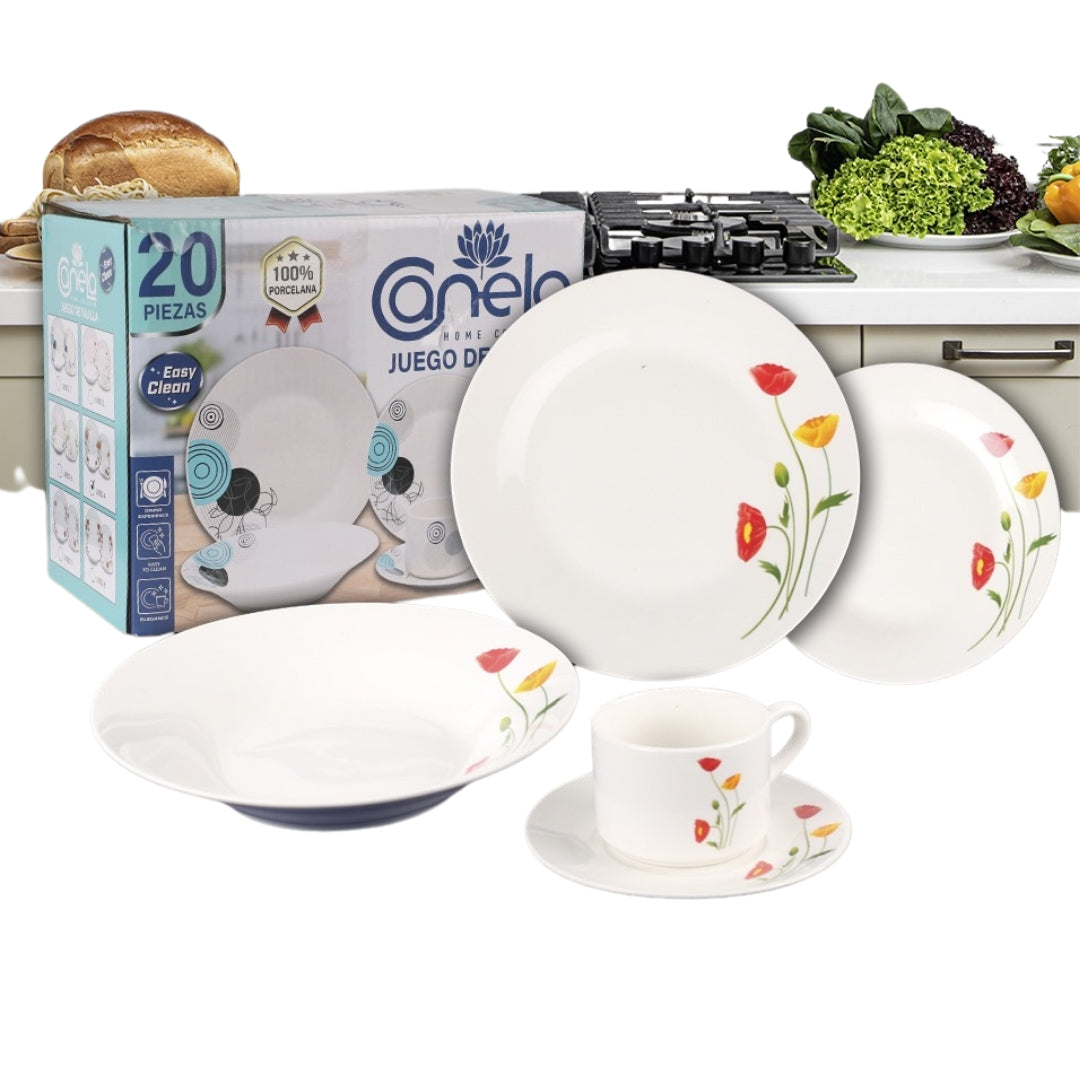 Vajilla de Porcelana 20 Piezas con Diseño Floral — Juego de Platos y Tazas
