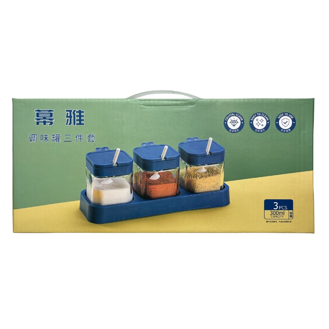 Set de Frascos para Condimentos 3 Piezas con Base y Cucharas