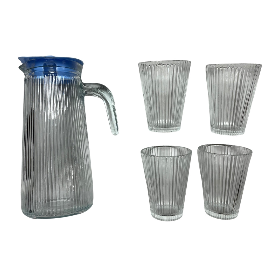 Set de Pichel con 4 Vasos de Vidrio Rayado con Tapa — 5 Piezas