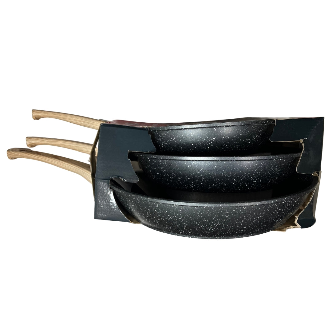Set de 3 Sartenes Antiadherentes Granito 20-24-28 cm con Mango Tipo Madera