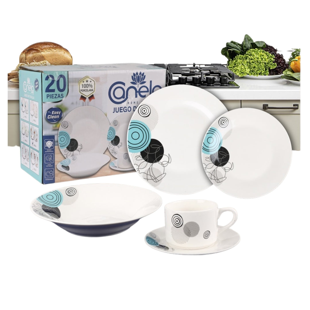 Vajilla de Porcelana 20 Piezas — Juego de Platos y Tazas