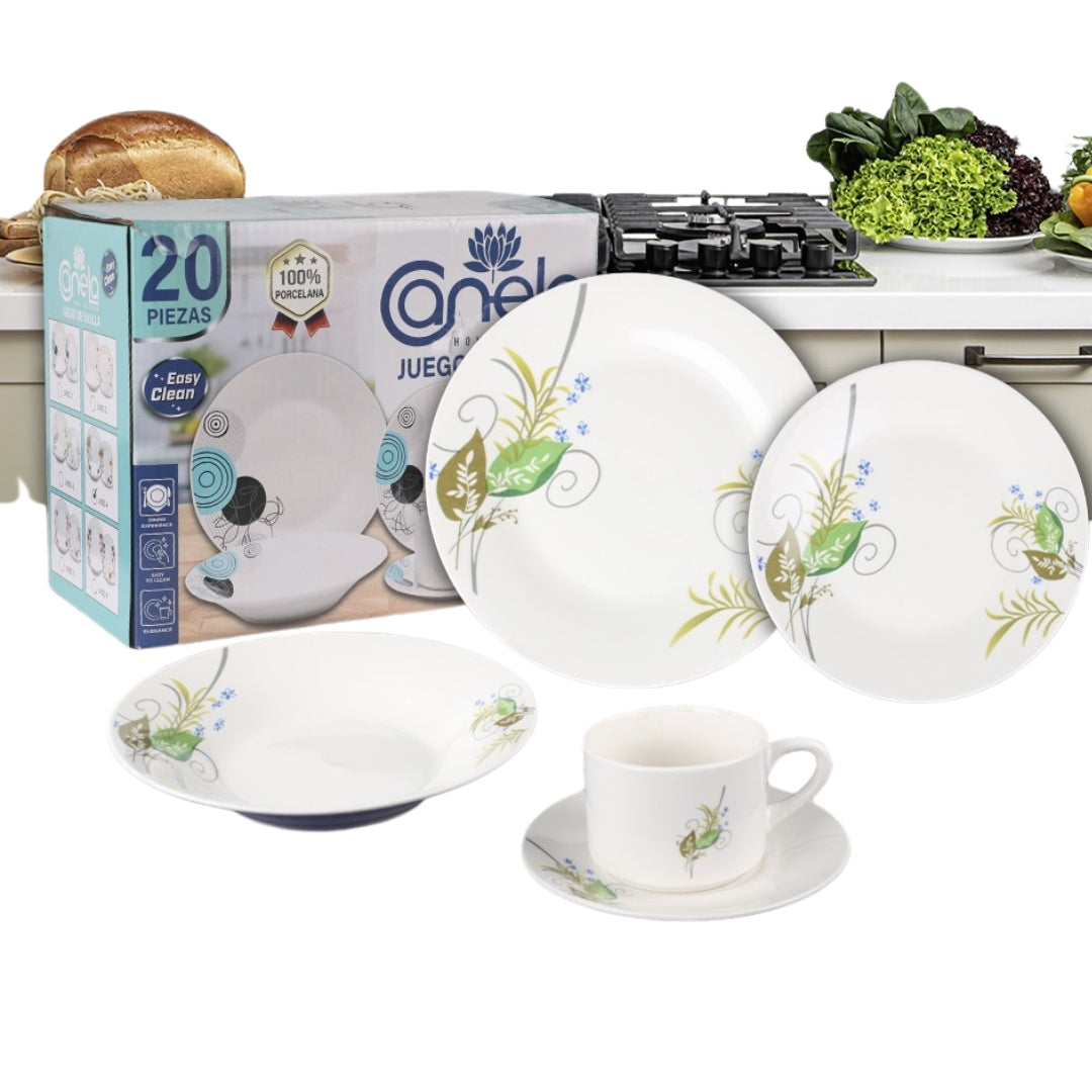 Vajilla de Porcelana 20 Piezas con Diseño Floral Verde — Juego de Platos y Tazas